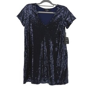 Lulus Navy Blue Sequin V-Neck Short Sleeve Shift Mini Dress Womens Size Small